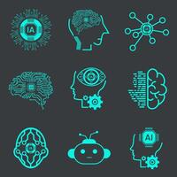 The group of artificial Intelligence icons, symbols, element UIs, Collection of technology icons, such as robot, digital, vr, ai, cyber and  Vector Line Icons Sets