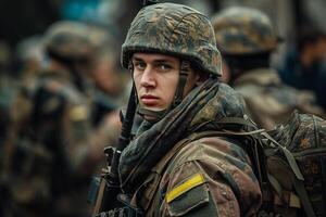 ai generado luchadores de el nacional Guardia de Ucrania a el celebracion de el día de el ciudad de drogóbich foto