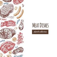 Meat and vegetables menu template in engraved vintage style. Hand-drawn colored sketches of barbecue meat pieces with herbs and seasonings. Background for meat restaurant.. vector