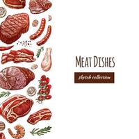 Meat and vegetables menu template in engraved vintage style. Hand-drawn colored sketches of barbecue meat pieces with herbs and seasonings. Background for meat restaurant.. vector