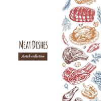 Meat and vegetables menu template in engraved vintage style. Hand-drawn colored sketches of barbecue meat pieces with herbs and seasonings. Background for meat restaurant.. vector