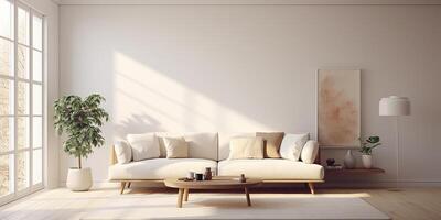 AI generated Home interior, home interior design of a modern living room.light sofa with pillows by the window photo