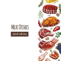 Meat and vegetables menu template in engraved vintage style. Hand-drawn colored sketches of barbecue meat pieces with herbs and seasonings. Background for meat restaurant.. vector