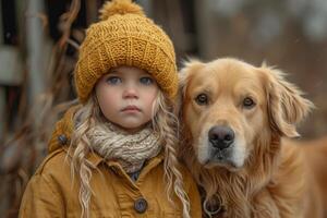 ai generado un bebé niña es en pie en frente de un perro foto