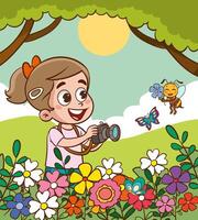 linda niños personaje con cámara fotografiando naturaleza.niños tomando foto y nautre dibujos animados vector