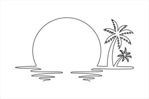 continuous One line drawing of beautiful sunset scenery. single line art of palm tree,birds Isolated on vector illustration design.