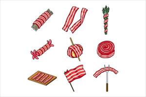 various bacon food illustrations template design with a combination of sausage, asparagus, potatoes, anoki and flag-shaped vector