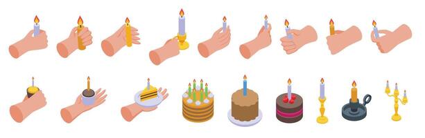 Hand holding candle icons set isometric vector. Scented wax holiday vector