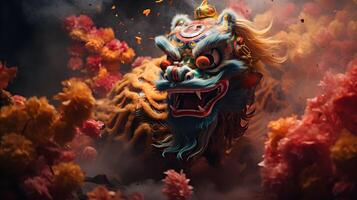 AI generated the cultural richness of Chinese New Year with vibrant dragon and lion dance performances photo