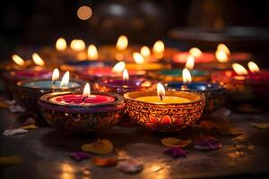 ai generado tradicional indio petróleo lamparas para diwali festival en oscuro antecedentes foto