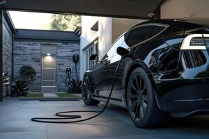 AI generated Charging Tesla EV at Home Garage photo