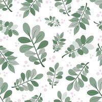 Green branches with leaves on white backdrop vector seamless pattern. Creative art texture for printing on various surfaces, textile, wrapping, packages, apparel... or use in graphic design projects.