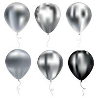 Metal helium balloons set. Vector Inflatable flying balloons in silver chrome color with shadows and highlights,vector illustration isolated on a white background.