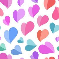 Colorful seamless vector pattern with blue, teal, violet, pink and brick-red shaded hearts on white backdrop. Attractive art texture for printing on various surfaces or usage in graphic design.