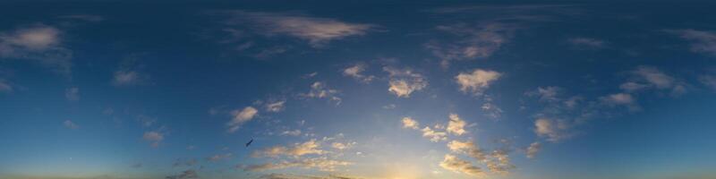 Dark blue sunset sky panorama with Cumulus clouds. Seamless hdr pano in spherical equirectangular format. Complete zenith for 3D visualization, game and sky replacement for aerial drone 360 panoramas. photo
