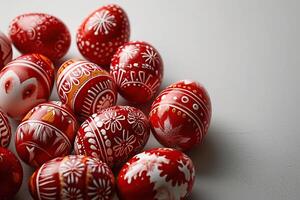 ai generado rojo Pascua de Resurrección huevos con un hermosa pintado modelo mentira en el mesa. Pascua de Resurrección antecedentes. generativo ai foto