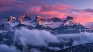 AI Generated Mountain Range Covered in Clouds Under Pink Sky photo