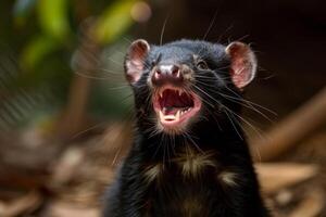 ai generado retrato de tasmania demonio, sarcófilo harrisii, el mas grande carnívoro marsupial nativo a tasmania isla. foto