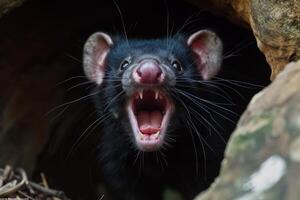 ai generado retrato de tasmania demonio, sarcófilo harrisii, el mas grande carnívoro marsupial nativo a tasmania isla. foto