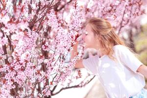 girl among beautiful cherry blossoms in full bloom photo