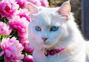 ai generado un mullido blanco gato con un rosado collar olfatea rosado peonias de cerca. claro soleado día. calentar primavera clima. foto
