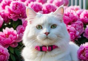 ai generado un mullido blanco gato con un rosado collar olfatea rosado peonias de cerca. claro soleado día. calentar primavera clima. foto