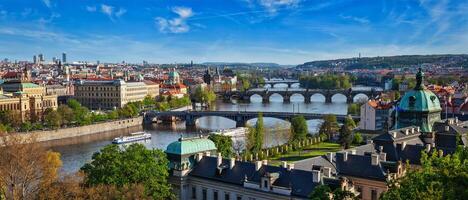 Panoramic view of Prague bridges over Vltava river from Letni P photo