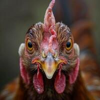 ai generado cerca arriba foto de un rojo gallo revelador negro piel y un prominente pico enfatizar el belleza de Doméstico pollos en naturaleza.