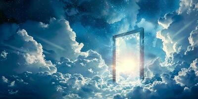 AI generated A open door pierces through the sky, surrounded by a sea of fluffy white clouds. The door stands prominently against the backdrop of the heavens photo