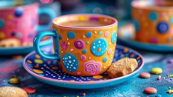 AI generated Brightly adorned mug for children with a hot beverage a cookie on a vibrant saucer. Concept of kid-friendly tableware, playful snack time, children's breakfast, and joyful design photo