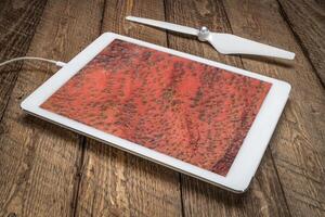 red badlands landscape with a coarse vegetation in Colorado foothills, reviewing an aerial image on a digital tablet photo