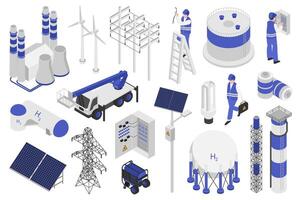 Electrical equipment isometric elements constructor mega set. Creator kit with flat graphic electricians, factory, solar panels, power lines, wind turbines. Vector illustration in 3d isometry design