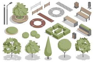 moderno parque isométrica elementos constructor mega colocar. creador equipo con plano gráfico calle linternas, arboles y arbustos, vallas, bancos, basura papeleras, caminos. vector ilustración en 3d isometria diseño