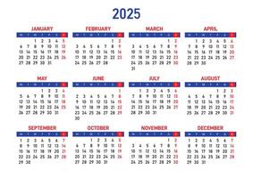 Calendar 2025, week starting from Monday. Schedule planner. vector