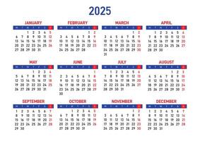 Calendar 2025, week starting from Monday. Schedule planner. vector