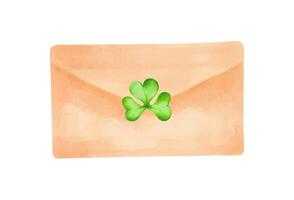 Paper brown envelope with clover. Talisman for St. Patrick's Day. Illustration with watercolors and markers. Hand drawn isolated sketch.Clip art for design,stickers, invitation or template vector