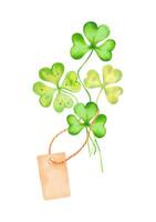 Clover petals with paper brown blank tag on rope.Saint patrick's day mascot.Illustration with watercolor and markers. Hand drawn isolated sketch. Label for your text, concept invitation or template vector