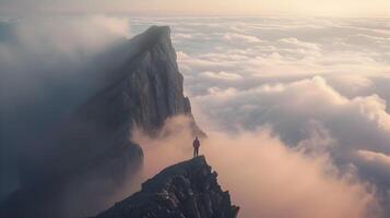 ai generado un solitario vagabundo a el pico de un altísimo montaña, con vista a un mar de nubes a amanecer - un impresionante cinematográfico escena foto