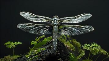 AI generated Gleaming Dragonfly in Close Proximity An Iridescent Showcase against a Black Lacquer Backdrop photo