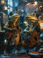AI generated Frogs as jazz musicians playing a lively set in a smoky photo