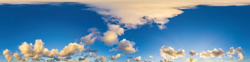 Dark blue sunset sky panorama with Cumulus clouds. Seamless hdr pano in spherical equirectangular format. Complete zenith for 3D visualization, game and sky replacement for aerial drone 360 panoramas. photo