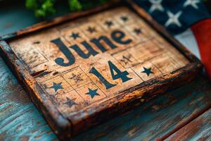 AI generated Wooden Blocks Calendar With June 14 Date, surrounded by US flag. Nathional flag Day photo