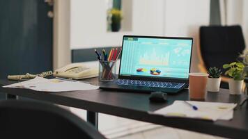 Financial stock market diagrams with charts and stock figures on laptop showing profits and losses over time dynamically. Changing trading index listings displayed on notebook screen in office video