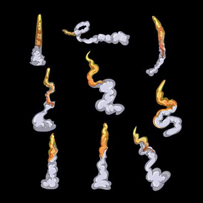 rocket launch smoke set cartoon vector illustration