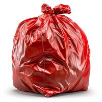 AI generated Red plastic trash bag isolated on white background with shadow. Red trash bag isolated. Garbage bag for bio-waste photo