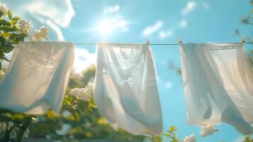 AI generated Fresh white clothes after laundry drying on a closeline. High-resolution. AI Generative photo