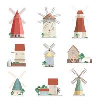 Set of colorful windmills and watermills of different types - smock, tower, post mills isolated on white background. Agricultural buildings with rotating sails. Vector illustration in flat style.