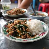 AI generated Pad Kra Pao minced pork or chicken with holy basil photo