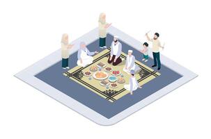 3d illustration ramadan kareem eating with family.happy family is iftar together, with food and drinks on the table lit by lanterns.  Suitable for Diagrams, Infographics, Book Illustration vector