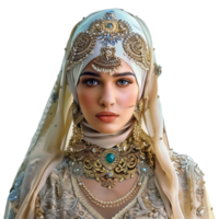 AI generated So pretty muslim model wearing finest dress and jewelry isolated on transparent background png